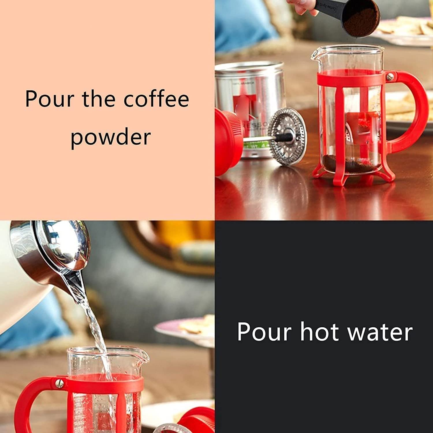 Cafetera De Prensa, Prensa De Café, Cafetera, Cafetera, Cafetera Y Tetera, Cafeteras Manuales De Acero Inoxidable for El Hogar, Prensa De Café De Acero Con 3 Filtros - Sin Residuos - Vidrio De Borosil