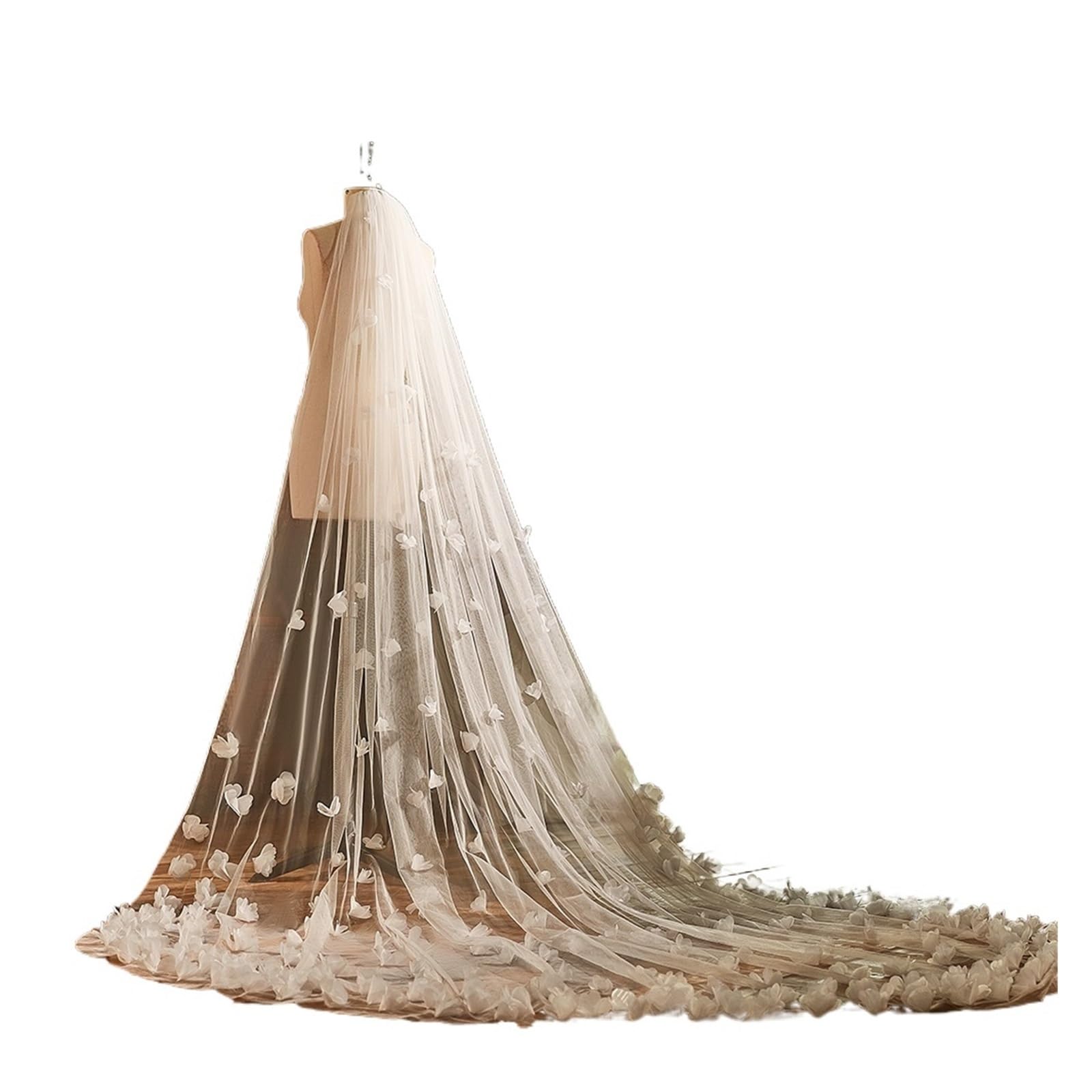 Schleier Braut Romantischer Brautschleier mit Blumenmuster und Schleppe, weicher Tüll, Hochzeit mit Kamm(White)