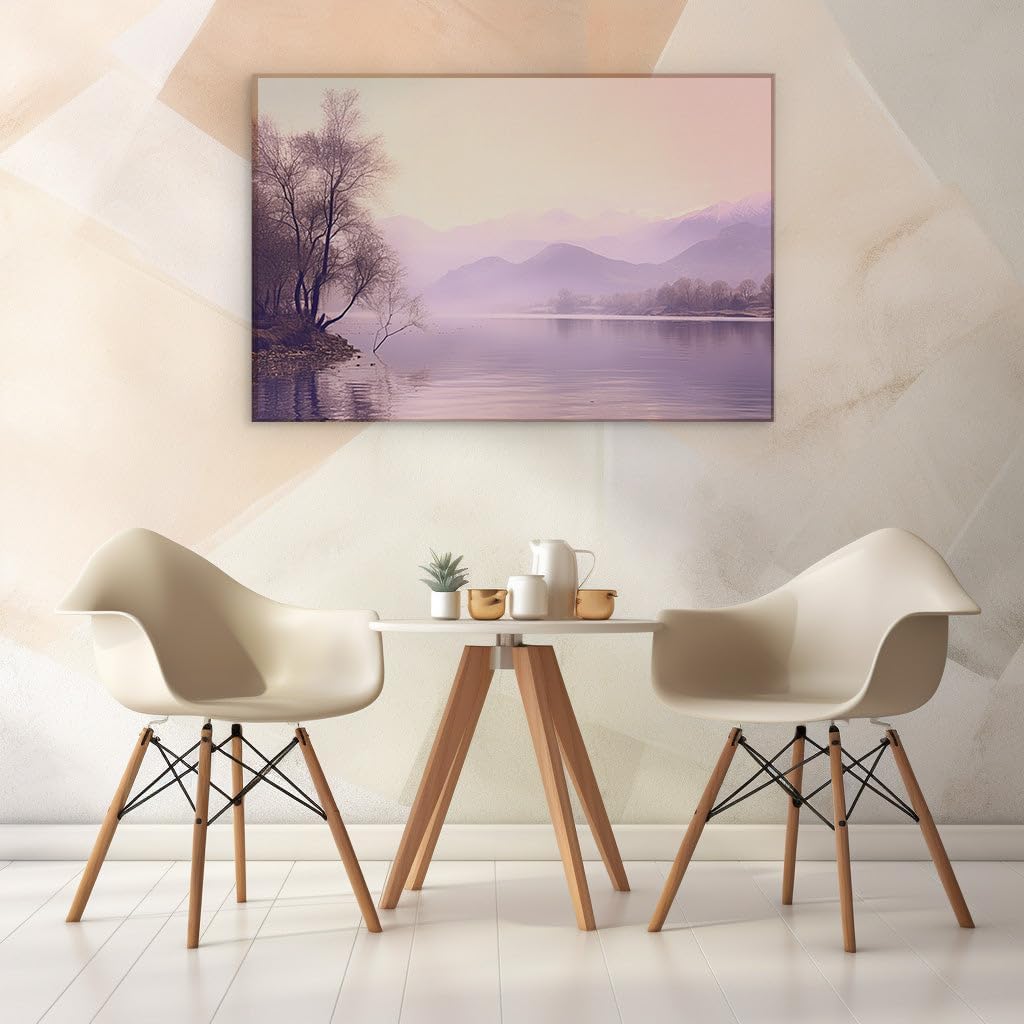 Canvas for Living room. Whispers of Serenity: A Tranquil Lakeside Retreat Amidst Whispering Mountains, 27 x 18 inch Canvas Wall Art - Ready to Hang
