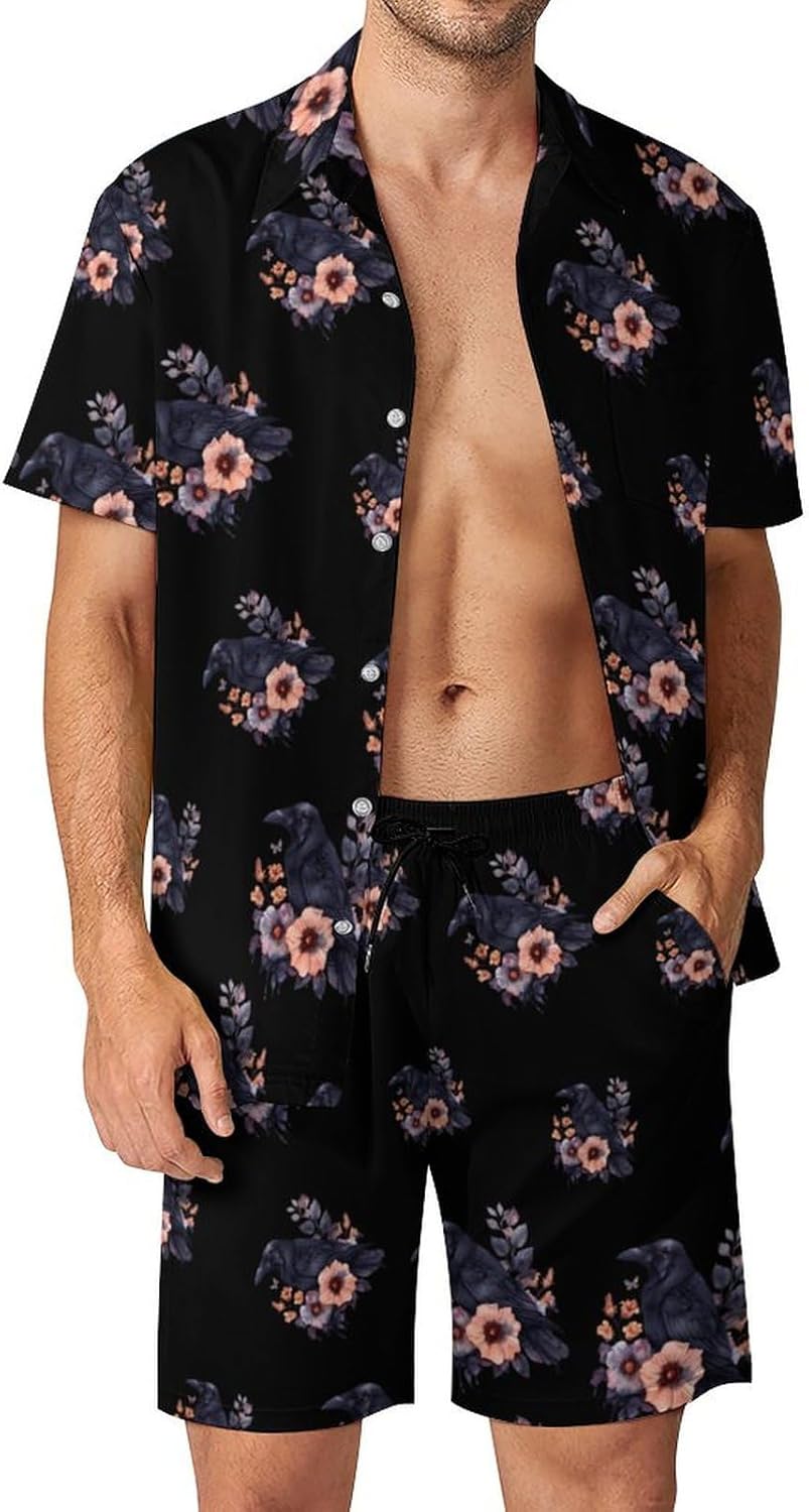 Crow Boho Flowers Men's Summer Beach Outfits Shirt And Shorts Set 2 Piece Vacation Swimwear