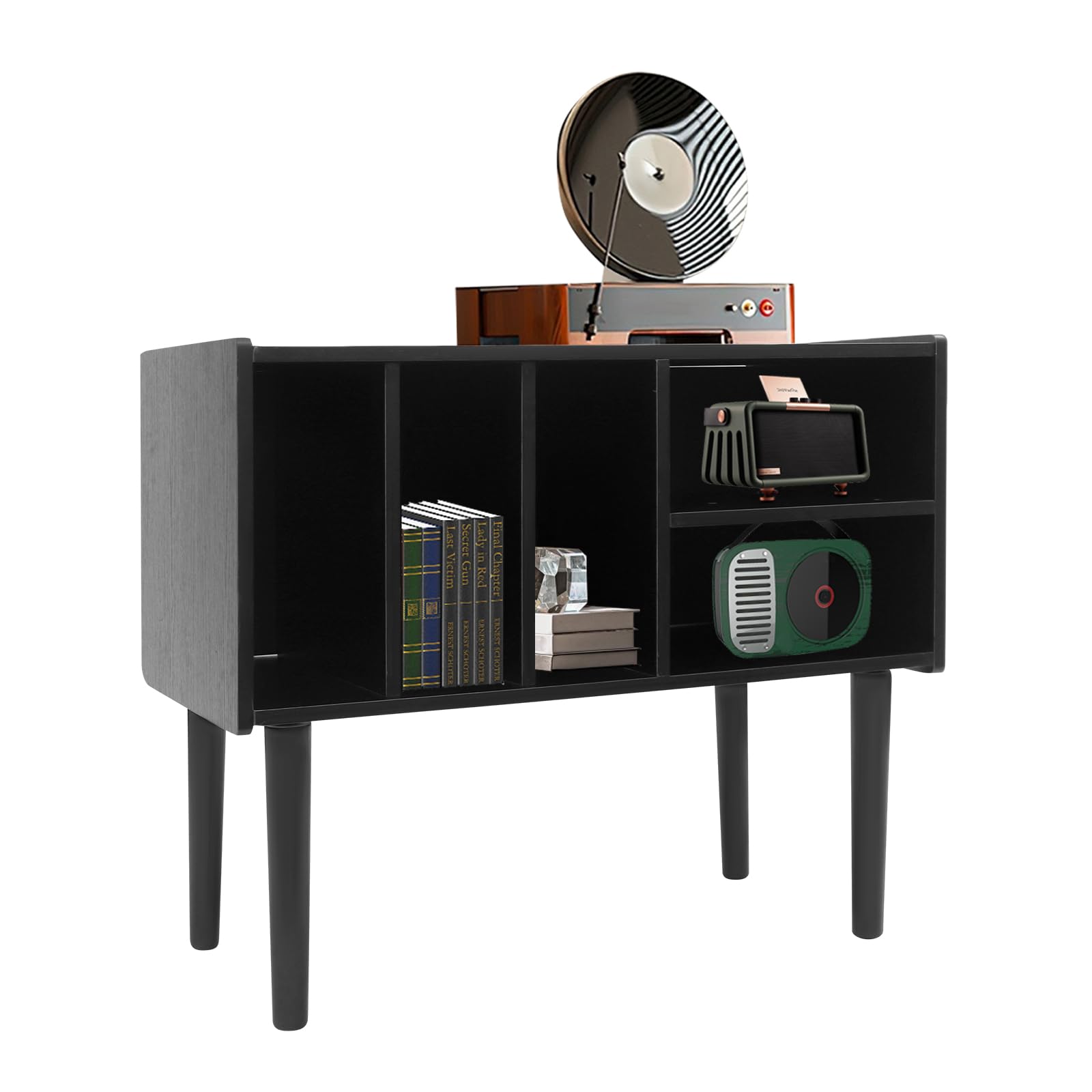 Supporto per giradischi della metà del secolo con contenitore in vinile per fino a 220+ album, Black Vinyl Holder Storage Shelf for Bedroom Living Room