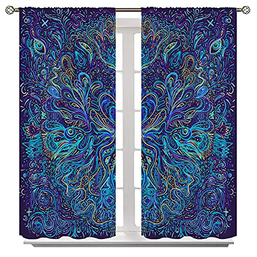 Uuz Hypnotic Shamanic Acid Blackout Curtains, Mystic Indian Hippie Bohemian Abstract Texture Pattern Rod Pocket Printed Decor Window Drapes Suitable For Bedroom And Living Room, 42X63 Inch, Blue #TOP1