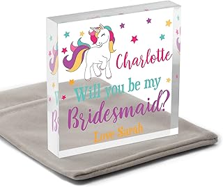 Will You Be My Bridesmaid Unicorn Personalised Will You Be My Flower Girl UNICORN Plaque Gifts, Be My Bridesmaid Flower Girl Gifts for Girls, Daughter, Niece, Child, Kids, With Grey Bag