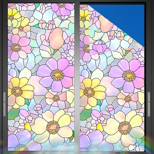 Image of Nuxovilar Sparkle Pink Yellow Mosaic Pattern Window Film 17.7x39.4 PVC | Vibrant Floral, Mosaic Cling colorful flower sticker, glass door wrap for bedroom living room balcony (Pink Yellow)