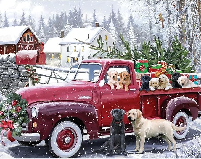 Bits and Pieces 3000 Piece Puzzles for Adults - Large 32' x 45' Jigsaw Puzzles 3000 Pieces Red Truck Presents Dogs, Random Die Cut, No 2 Pieces Alike, Christmas Delivery