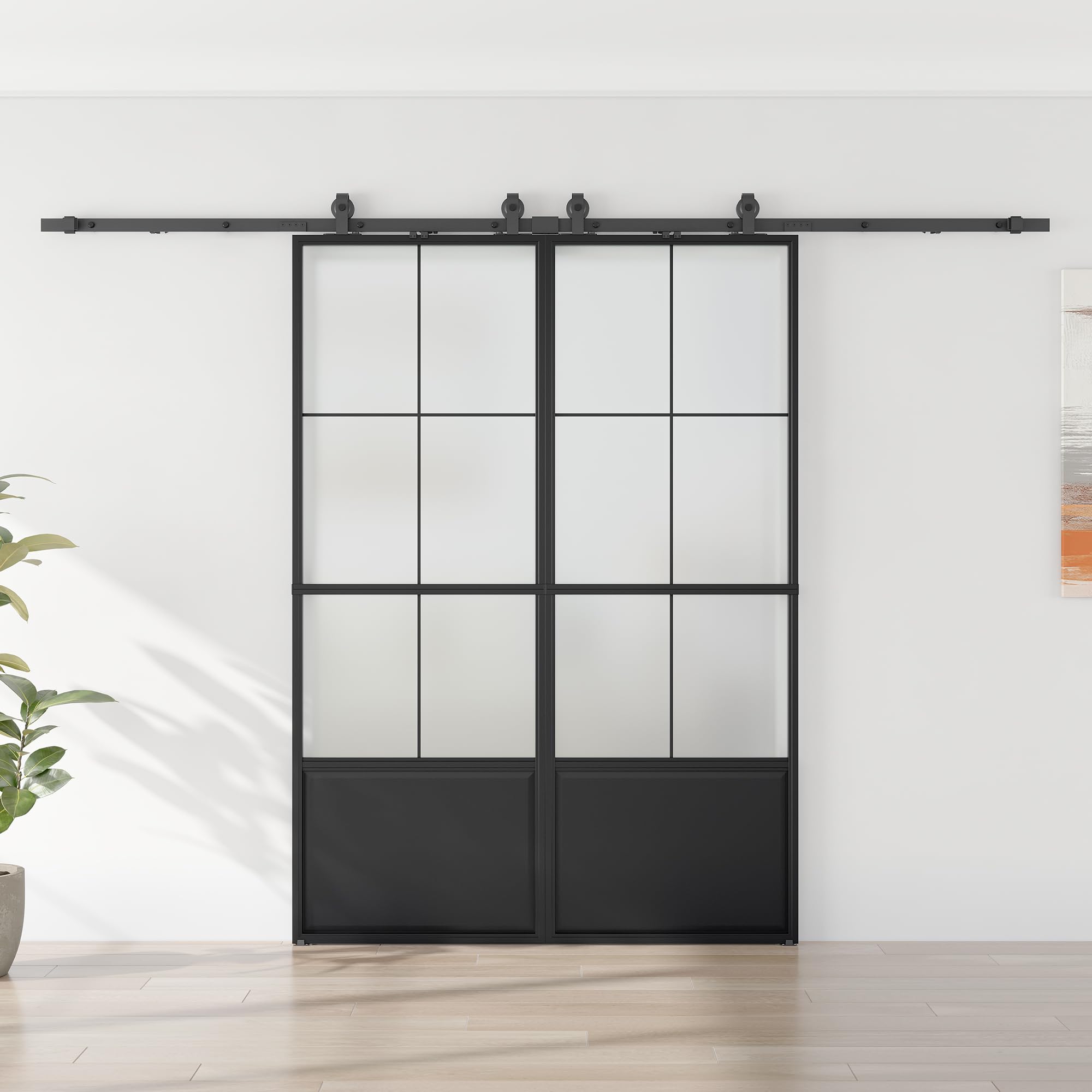 64 x 84 in 3/4 Lite Metal and Glass Double Barn Door with Installation Hardware Kit and Soft-Close