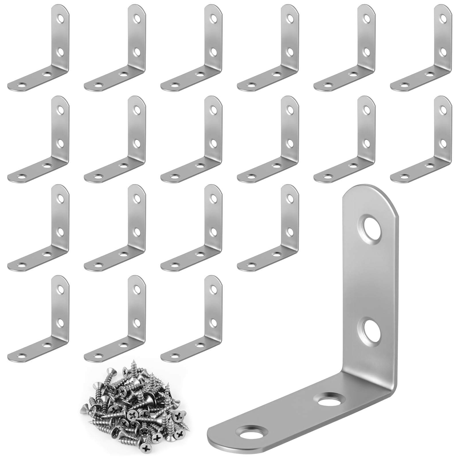 20 Connettori Angolari in Acciaio Inox 50×50mm Grado 90° Rinforzati Antiruggine con 80 Viti Design a L/Angoli Arrotondati per Scaffali Tavoli Sedie Montaggio Mobili