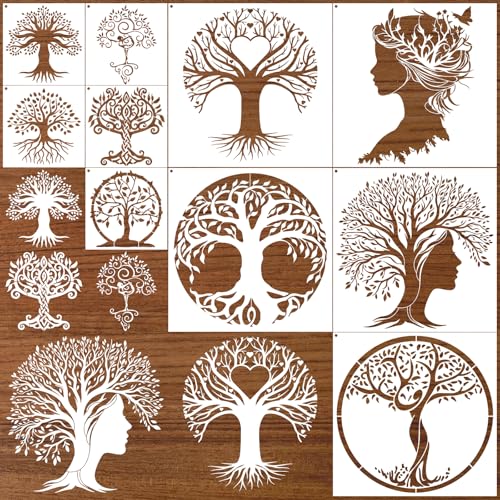 AFRTIEE Tree of Life Stencil Painting - 10 Pieces Large Nature Stencils for Crafts Reusable Wood Burning Drawing, Leaf Butterfly Plastic Painting Template for DIY Home Floor Fireplace Wall Decoration