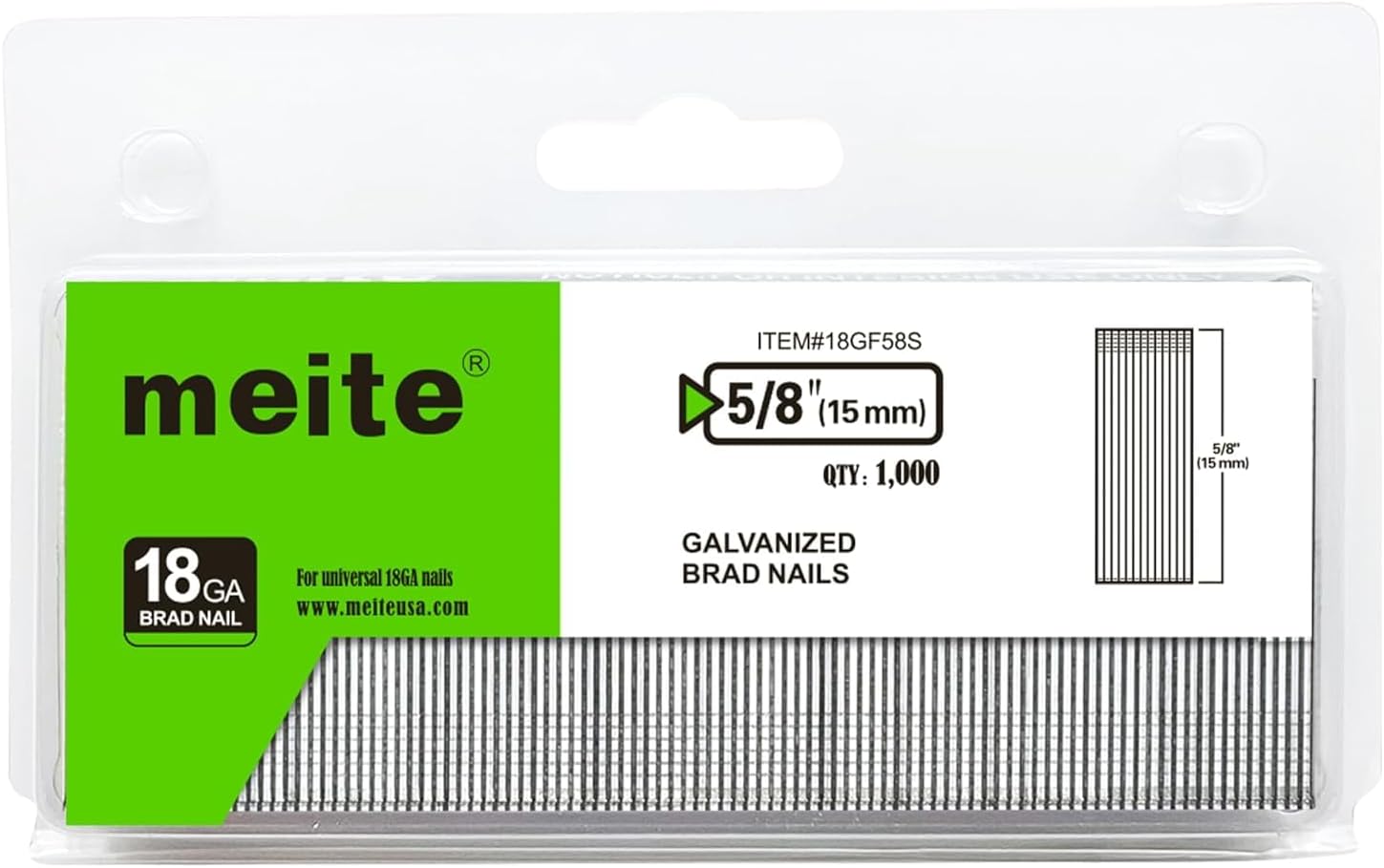 meite 18 Gauge Brad Nails 5/8 Inch, Galvanized Finishing Nails for Pneumatic & Electric Brad Nailer, 1000 PCS x 60 Boxes