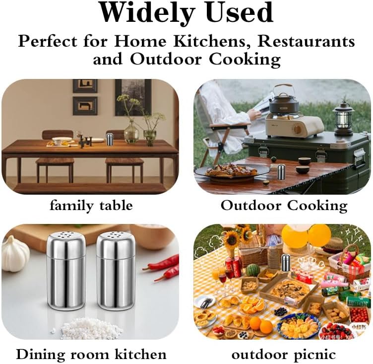 2Pieces Stainless Steel Salt and Pepper Shakers Set Metal Salt Pepper Dispensers with Lid Refillable Travel Size "S" Caps Silver Shakers for Kitchen Counter Camping Options