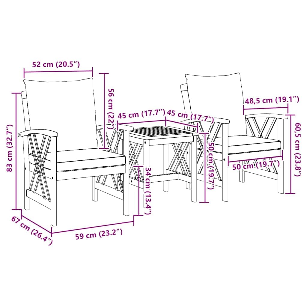 vidaXL Gartensofa-Set mit Kissen 3 pcs Öl-Natur Massivholz Akazie, Garten und Terrasse, modernes Outdoor Lounge-Set, wetterfestes Sofa, Akazienholz Möbel, schicke Terrassenmöbel