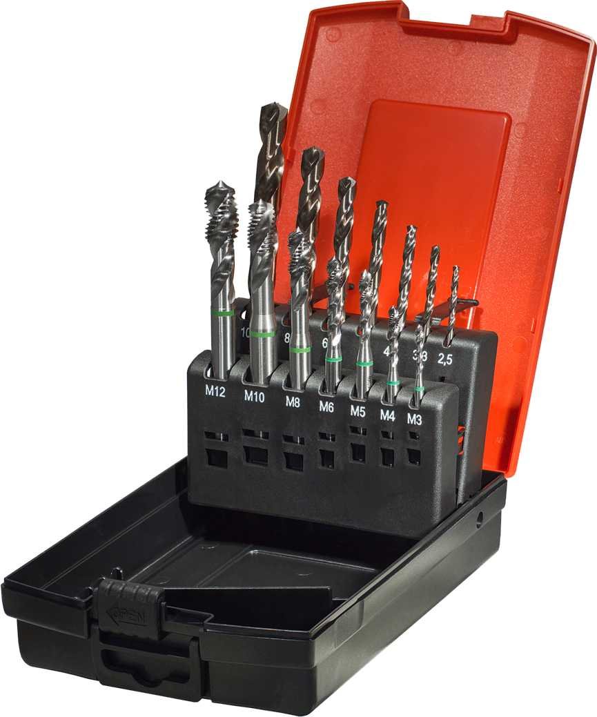 Classic - Juego de machos de roscar para máquina HSS-E Co5 DIN 371 C35° a partir de M12 DIN 376 C35°, GRULO, RH, rosca métrica ISO según DIN 13: M3-M12 HSSE-Spibo's, 14 piezas, en caja, incluye broca
