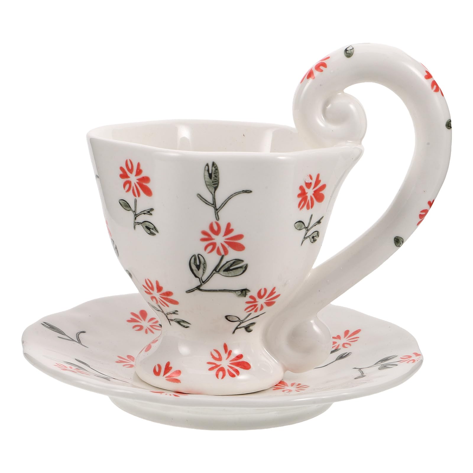 Ensemble de 1 tasse et soucoupe en céramique - Mug à café floral de 200 ml avec anse pour expresso - Tasses et assiettes en porcelaine artisanale pour une fête d'anniversaire