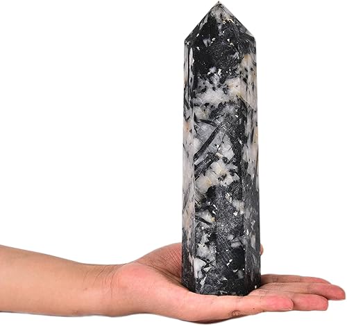 JIC Gem Varita de torre de obelisco de cristal de turmalina en blanco y negro, punto de torre de cristal de cuarzo grande, 6 facetas de cristal