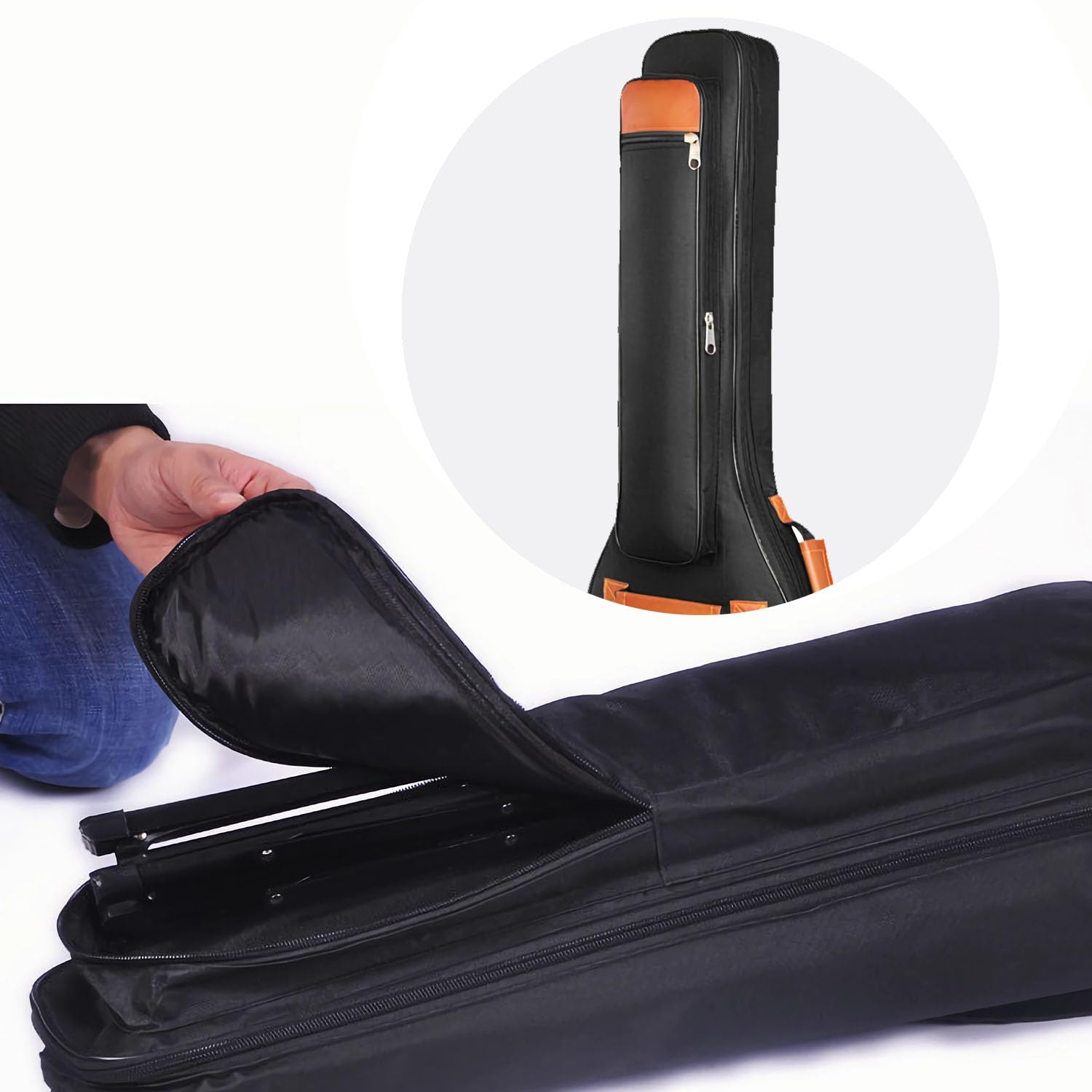 Bolsa para bajo de 6 mm, acolchada, correa para el cuello y bolsillos, funda suave para bajo eléctrico, naranja y negro, bolsa para guitarra que se abre desde la parte superior hasta la parte
