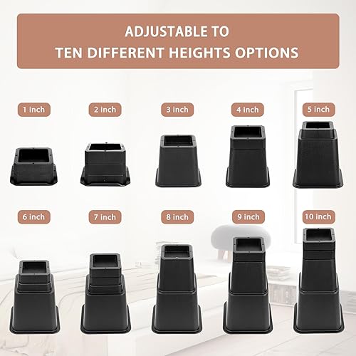 Miniatura 7 de 20 elevadores de cama ajustables de 10 pulgadas, resistentes, elevadores de muebles en alturas de 1, 2, 3, 4, 5, 6, 7, 8, 9, 10 pulgadas para sofá,