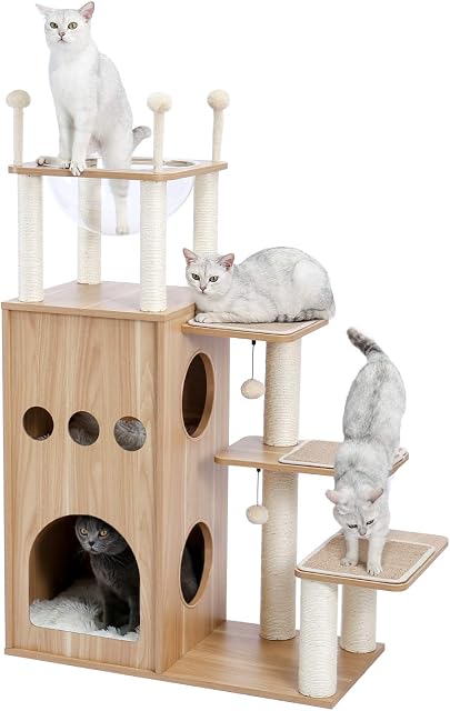 PAWZ Road Luxury Cat Tree with Space Acrylic Nest with sisal-covered scratching posts, Cat Play Tower Wooden Cat Tree Cat Activity Center, Cat Castle stable & sturdy Beige 130cm