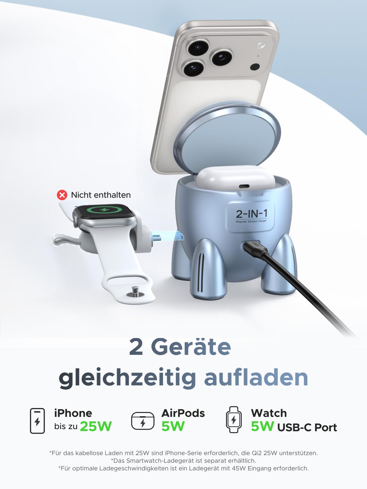 UGREEN UNO Qi2 25 W 2-w-1 Magnetyczna Stacja Ładująca w Kształcie Rakiety | Kompatybilna z iPhone'em 17-12, AirPods, Watch, regulowana pod kątem 70°, z zasilaczem 45 W i kablem
