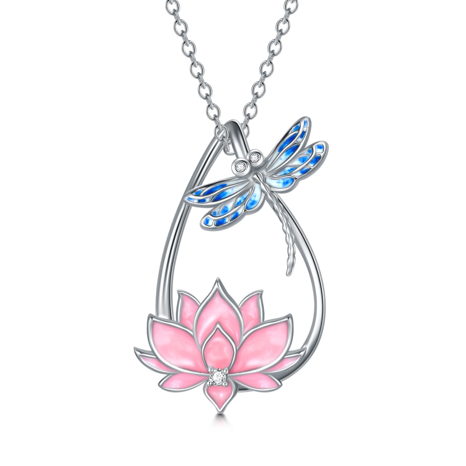 DOLPHERS925 Sterling Silver Dragonfly Lotus Necklace Lab Grown Diamond Dragonfly Lotus Pendant Gift for Women