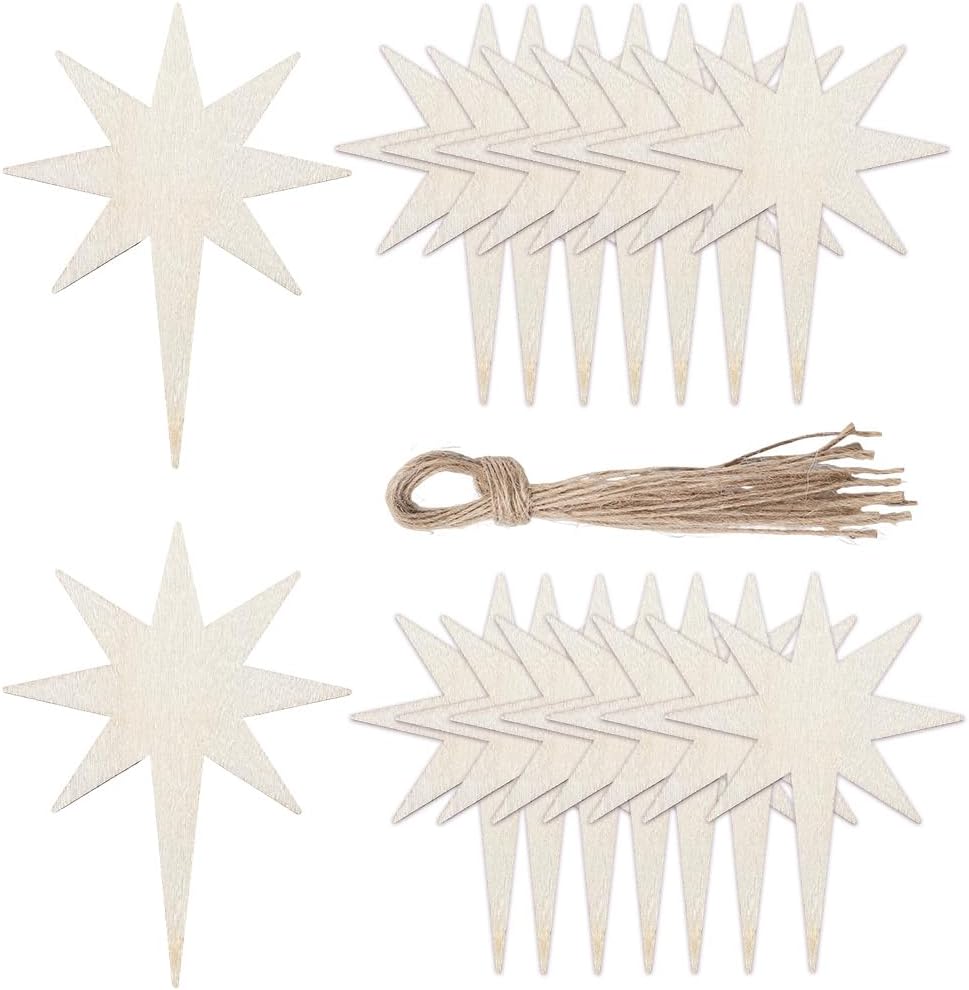 40Pcs Star Shaped Wooden Cutouts Wooden Hanging Tags with 40Pcs Cords Blank Bethlehem Stars Antique White Unfinished Piece Ornaments Sets for DIY Painting Project Party Tree Art Decoration