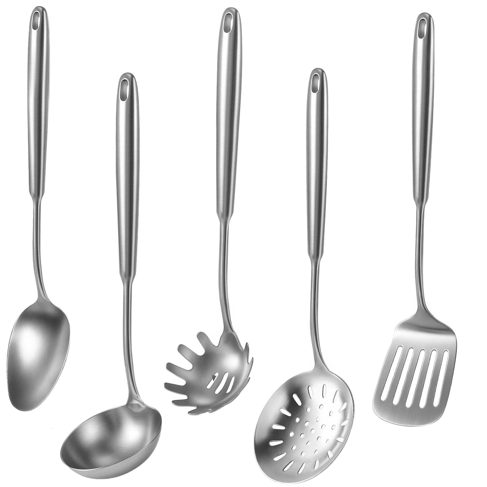 5 Pcs Newness Cooking Utensils Set, 304 Stainless Steel Kitchen Utensils Set, Metal Kitchen Accessories, Include Soup Ladle, Slotted Skimmer Spoon, Spaghetti Spoon and Spatula, Dishwasher Safe
