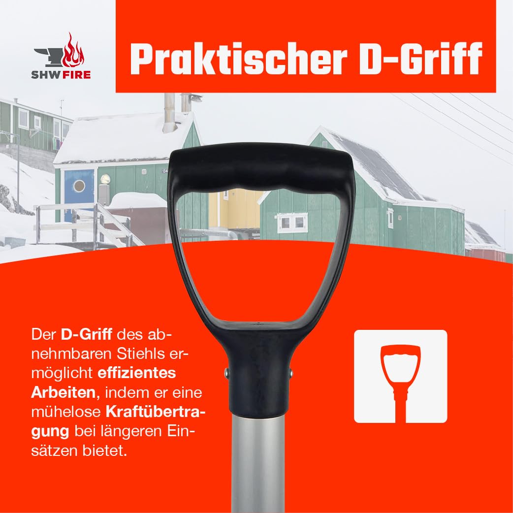 SHW-FIRE | Schneeschieber 50 cm breit, robuster 130 cm Aluminiumstiel mit Kunststoffgriff, ergonomisches Design, mit Aluschutzkante, ideal für Schneeräumung & Winterarbeiten | Made in Germany