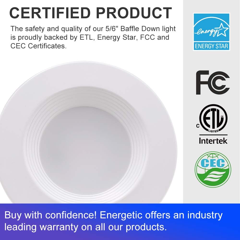 5/6 Inch 5CCT LED Recessed Light, CRI 90 Downlight, Can Lights with Baffle Trim, Wet Rated, E26 Base, 10.5W=85W, Dimmable, Simple Retrofit Installation, Energy Star & ETL Listed, 6 Pack
