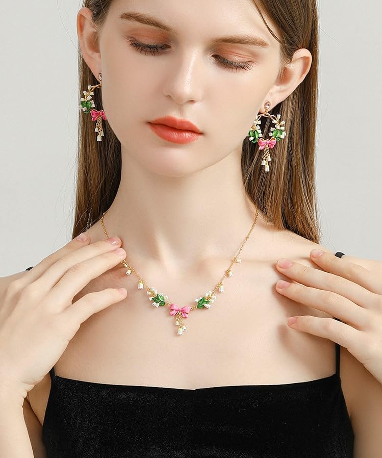Pink Bow And Lily Flower Enamel Pendant Necklace Jewelry Gift4