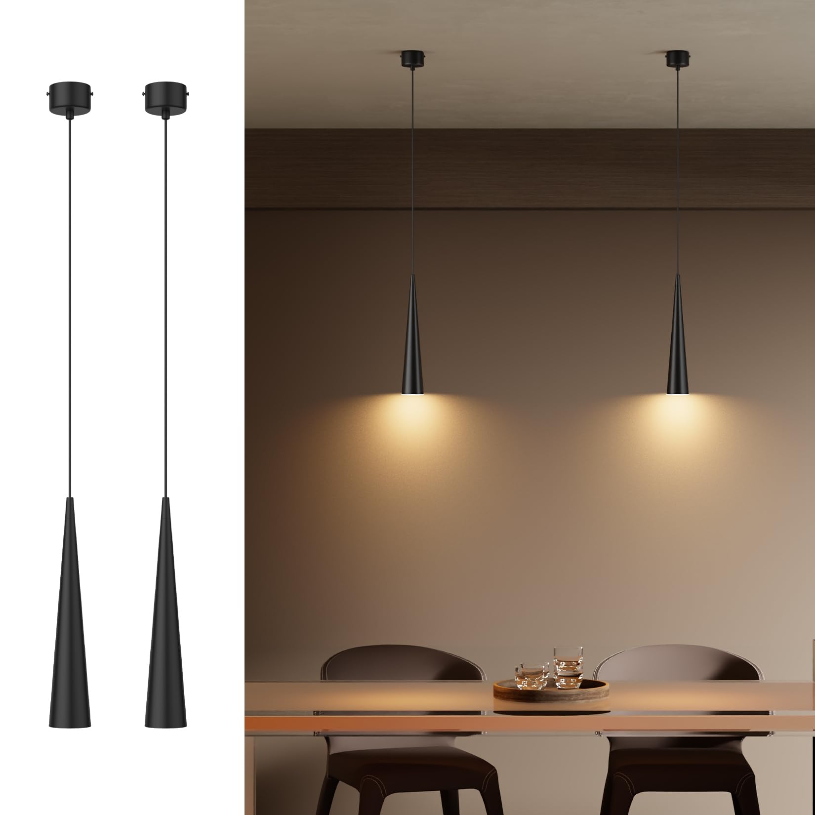 K-Bright 2 pezzi lampada a Sospensione ristorante, 5W Lampadina Gu10, Regolabile In Altezza lampada a sospensione moderna per cucina soggiorno tavolo da letto, luce bianca calda 3000K(Nero)