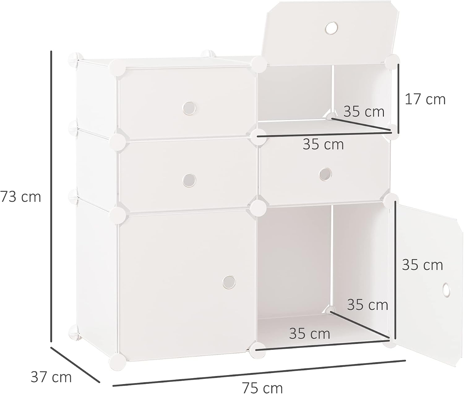 Diagram showing the dimensions of the assembled 6-cube modular cabinet: 75 cm length, 37 cm width, 73 cm height. Individual cube dimensions are also indicated.