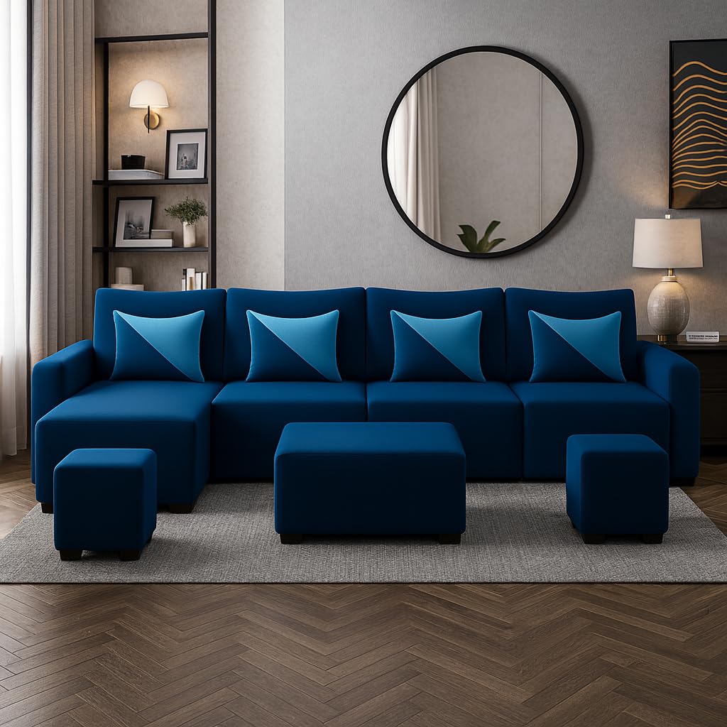 Siberian 8 Seater LHS L Shape Sofa Set | Velvet Suede Fabric L Shape Sofa for Livingroom with 2 Ottoman & Centre Table | (Dark Blue) Siberian 8 Seater LHS L Shape Sofa Set | Velvet Suede Fabric L Shape Sofa for Livingroom with 2 Ottoman & Centre Table | (Dark Blue)