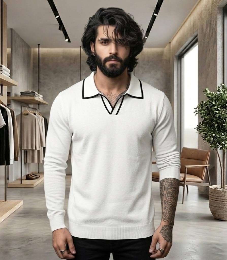 Men's Black Long Sleeve Polo T-Shirt, V-Neck with Contrast White Collar Trim, Casual Knit Top-picture-16