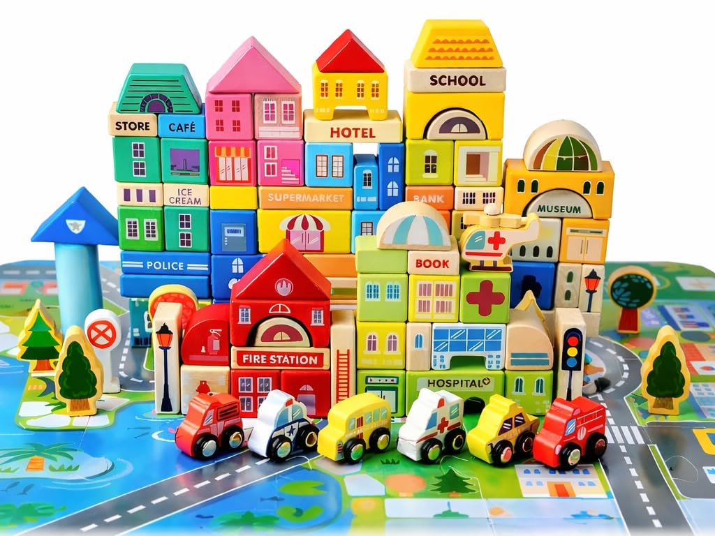 - 115 Pieces Wooden Stacking Blocks for Kids 4 Years + | Building Toys for Creative Play for 3-6 Year Old Kids | Encourages Thinking & City-Building Blocks