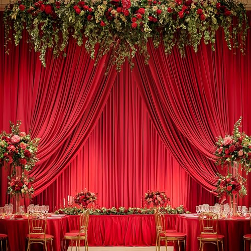 Image of 8 Panels 5x12ft Red Backdrop Curtains for Wedding Parties, Wrinkle Free Polyester 12 ft Long Photo Backdrop Drapes Back Drop Cloth for Birthday Christmas Ceremony Photography Background