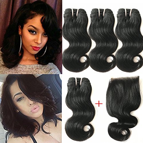 QinMei Brazilian Virgin Curly Hair 3 Bundles With Closure Free Part 100% Unprocessed Brazilian Kinky Jerry Curly 4x4 Lace Closure With Human Hair Bundles Curly Hair Extensions (14 14 14 +12 Closure)