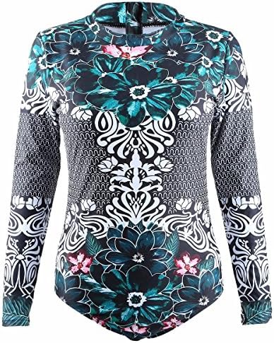 squaregarden One Piece Swimsuits for Women,Sun Protection Long Sleeve Rash Guards Surfing Beachwear(M(US 4),Green & Black)