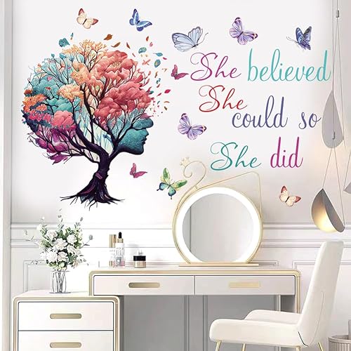 Miniatura 6 de Arte de pared con citas inspiradoras, calcomanías de árbol y mariposa con texto en inglés «She Believed She Could So She Did» para mujeres y niñas,