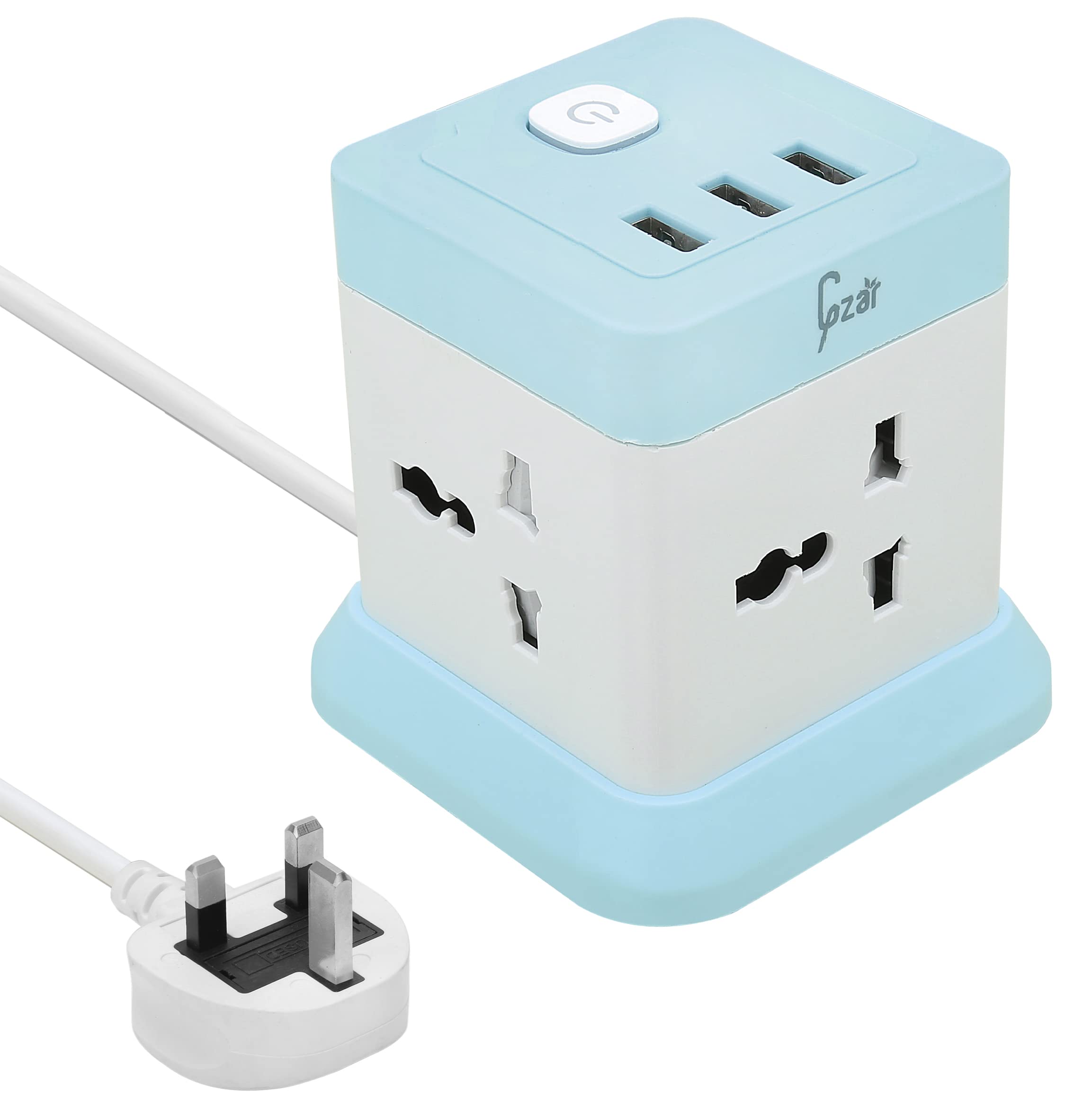 Gzar Cube Power Strip Tower, 4 Outlet Plug Sockets & 3 USB Ports, 1.5M Extension Cord, Surge Protector, Compact Portable Multi Charging Station for Home, Office, Travel - Blue