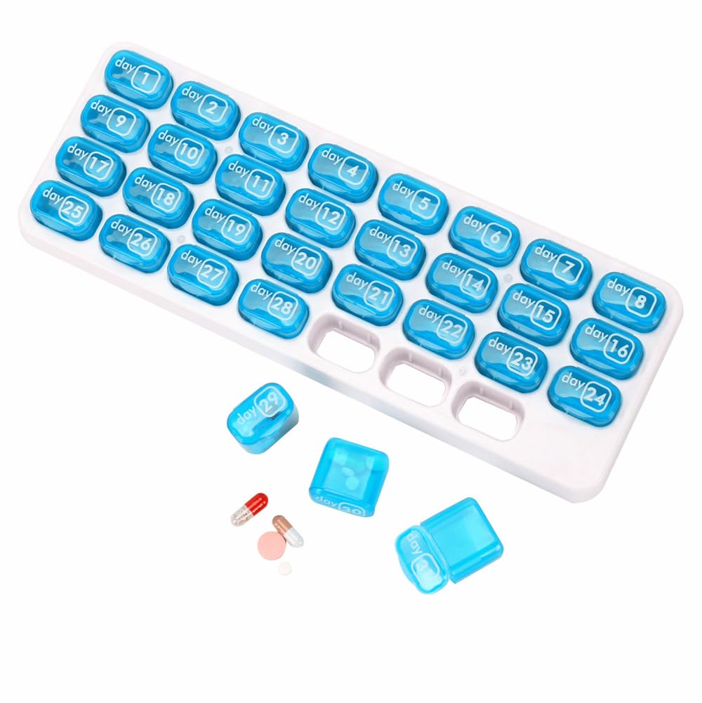 Pilulier 31 jours, grande capacité mensuel amovible pour médicaments, 1 jour et 1 fois, support de supplément d'huile de poisson et de vitamines, rappel de date (bleu, 4)