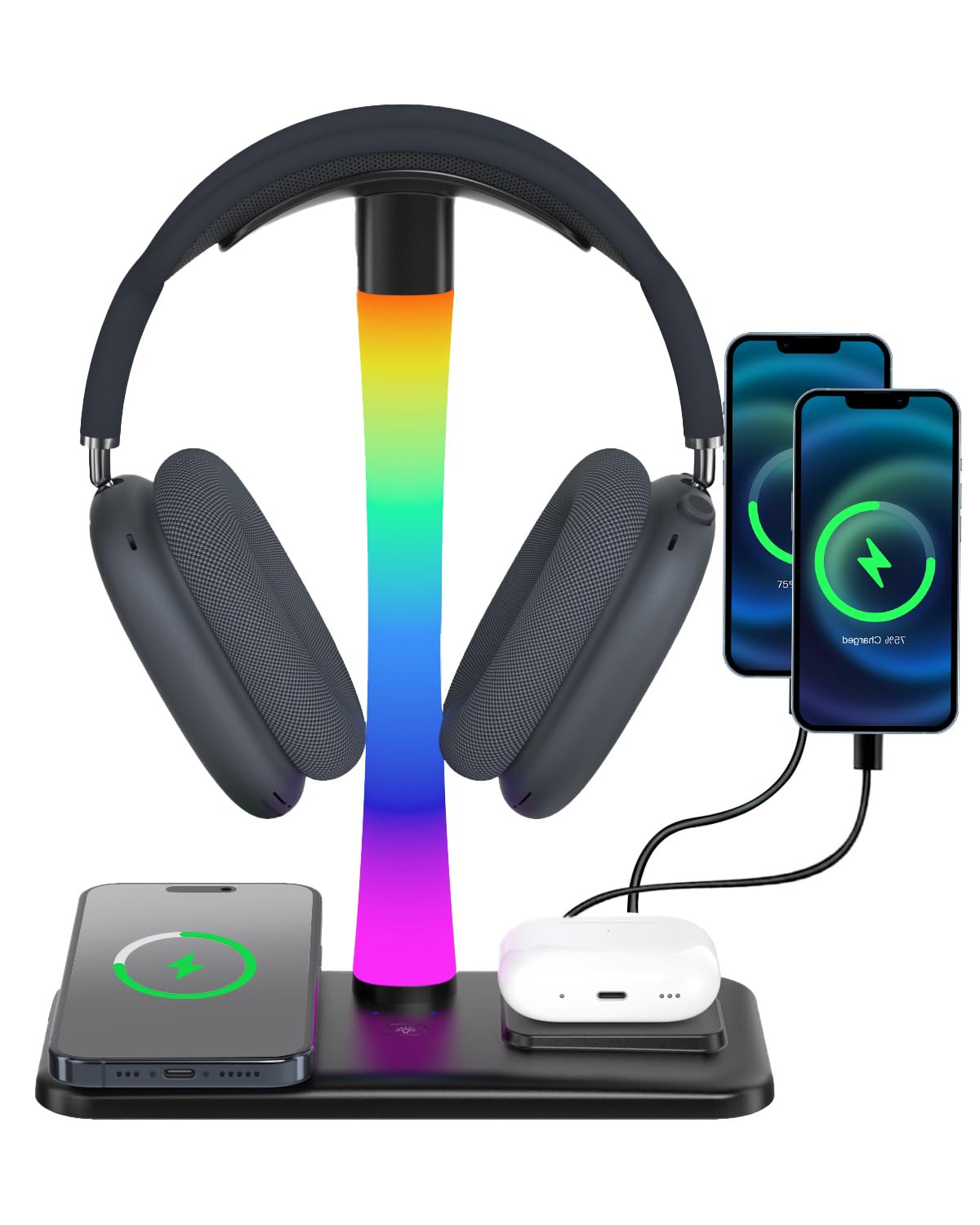 Trongle 3 in 1 RGB Gaming Kopfhörer Ständer mit 15W Wireless Ladegerät, Gaming-Headset-ständer Headset Halterung Wireless Charge Kopfhörer Halter mit 1*USB 2*Typ-C 10 Lighting Effects Modes Schwarz