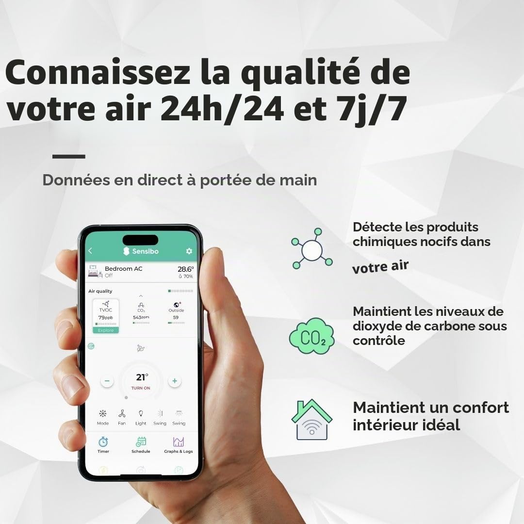 Sensibo Air PRO - Contrôleur intelligent pour climatiseur et capteur de qualité de l'air. Capteurs de temp. et humid. Thermostat pour climatiseur split, fenêtre. Google, Alexa, Siri, Apple HomeKit