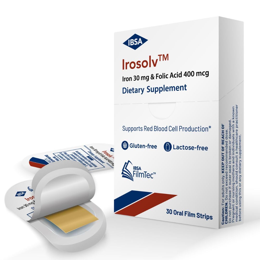Irosolv – IBSA Iron - Dietary Supplement – 30 mg Iron 400 mcg Folic Acid-30 Oral Dissolving Films for Immediate Release and Tolerability - Gluten-Free, Lactose-Free, Sugar-Free, Non-GMO