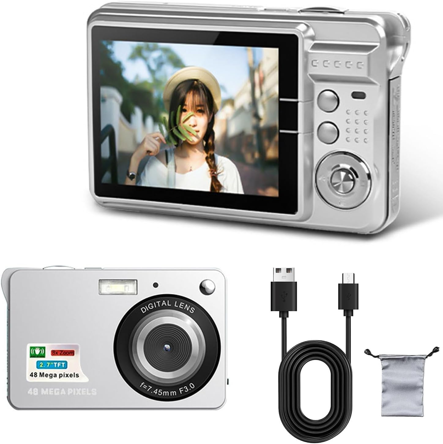 Bewinner 4K Digital Camera, 48MP Mini Children Video Camera, 8x Zoom Vlogging Camera, 2.7in LCD Display for Photography Continuous (Silver)