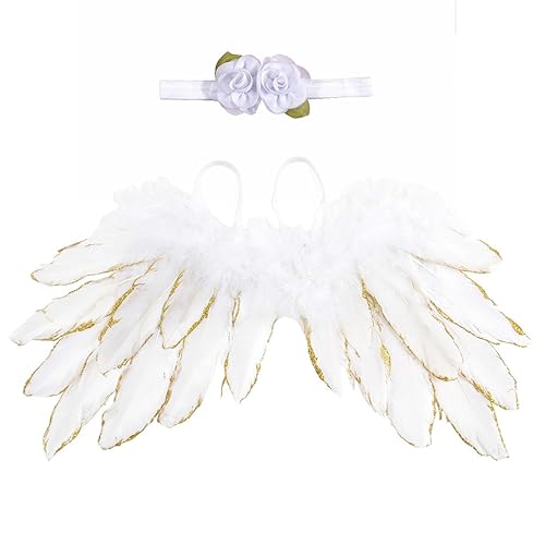 June Bloomy Baby Angel - Juego de diadema con alas de plumas blancas y adornos dorados, accesorios para fotografía (ribete blanco y dorado)