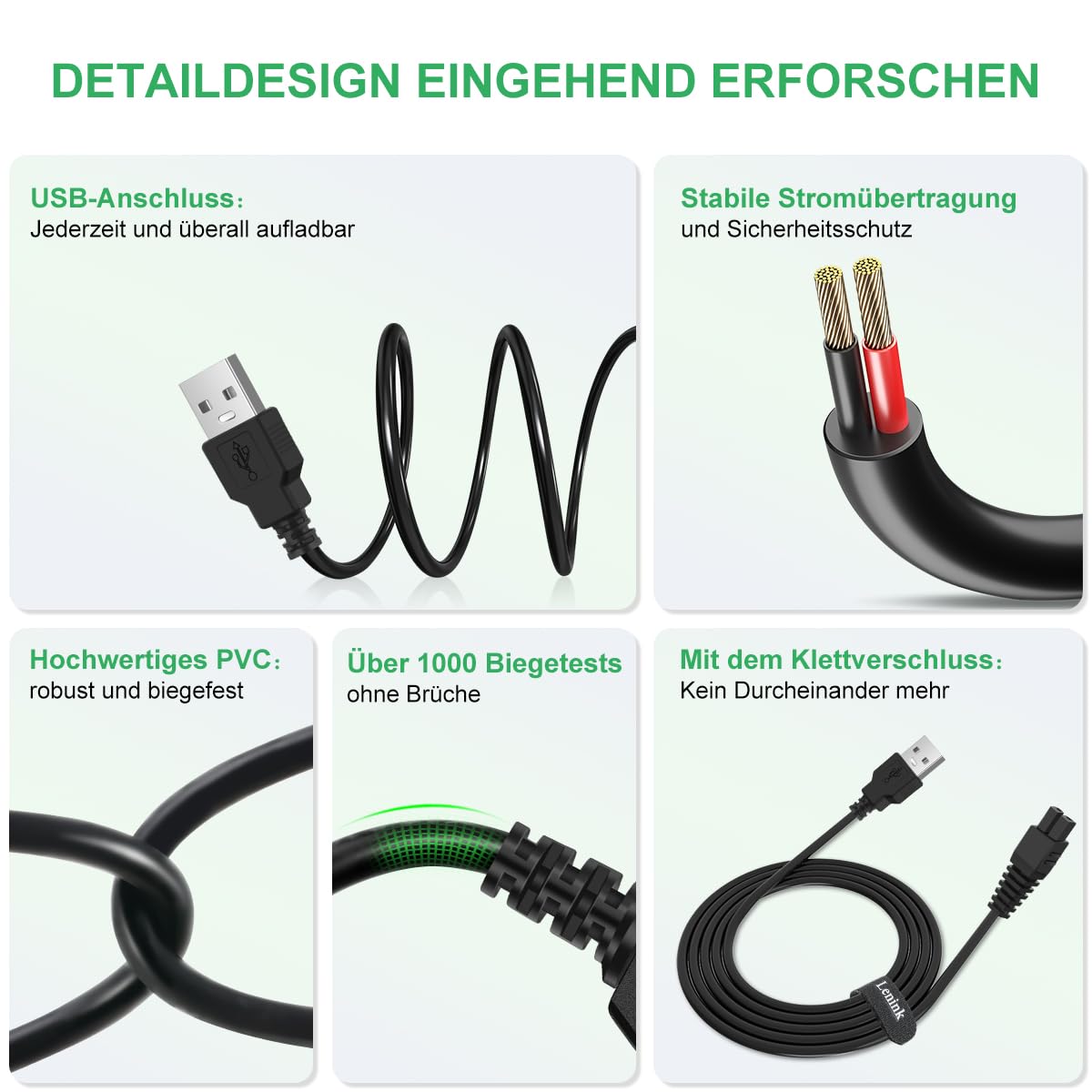 Lenink Cable de carga USB de repuesto de 100 cm, compatible con Gardena Set ClassicCut Li 9853, 9854, 9855 ComfortCut Li 9856, 9857, 9858 tijeras de césped (no compatible con batería Cut Li y conector