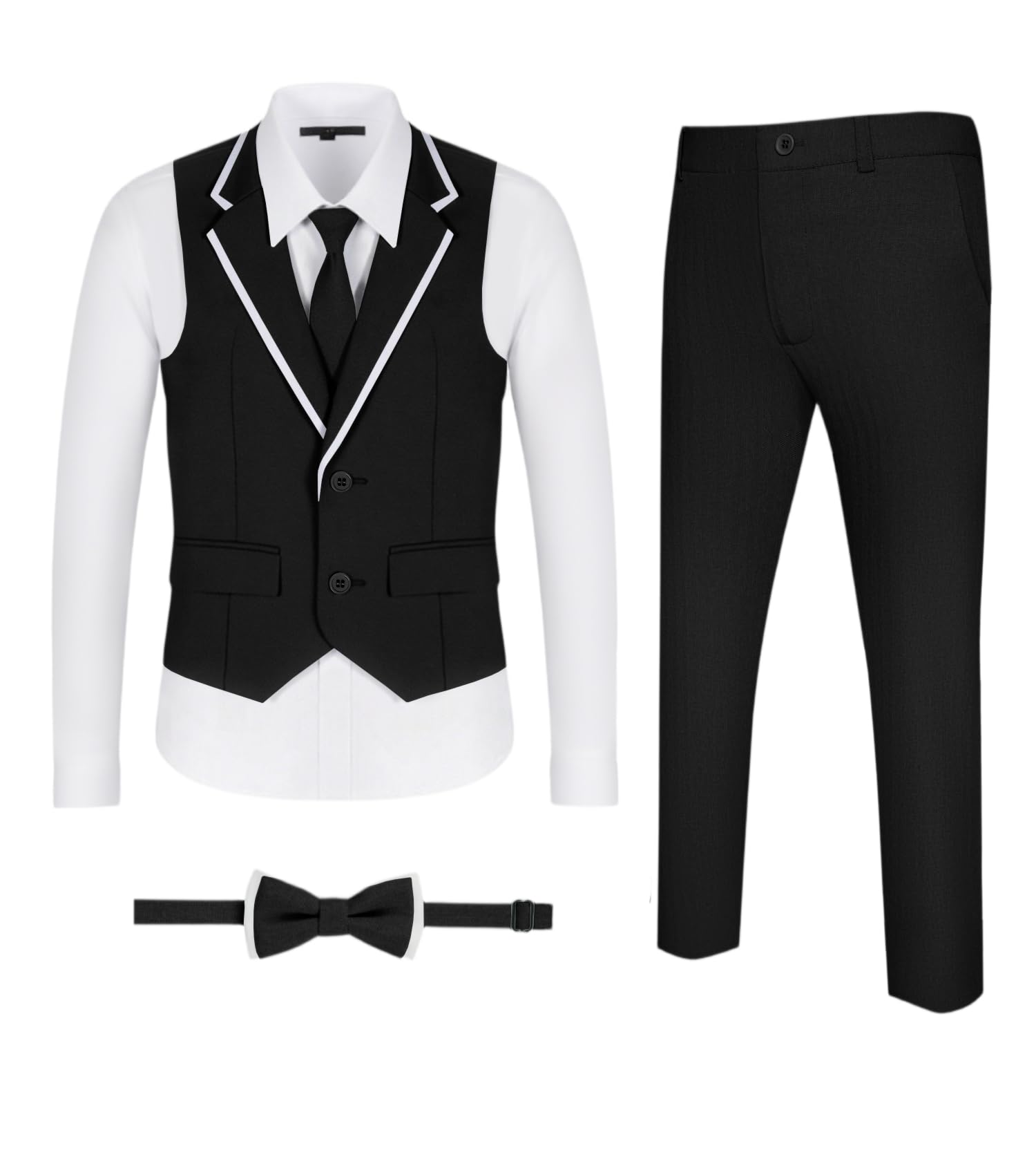 DOISPON Jungenanzug für Kinder, Smoking, schmale Passform, 5-teiliges Set, Hemd, Weste, Hose, Set für Teenager, Kleid, Kleidung, Hochzeits-Outfit mit Krawatte und Fliege