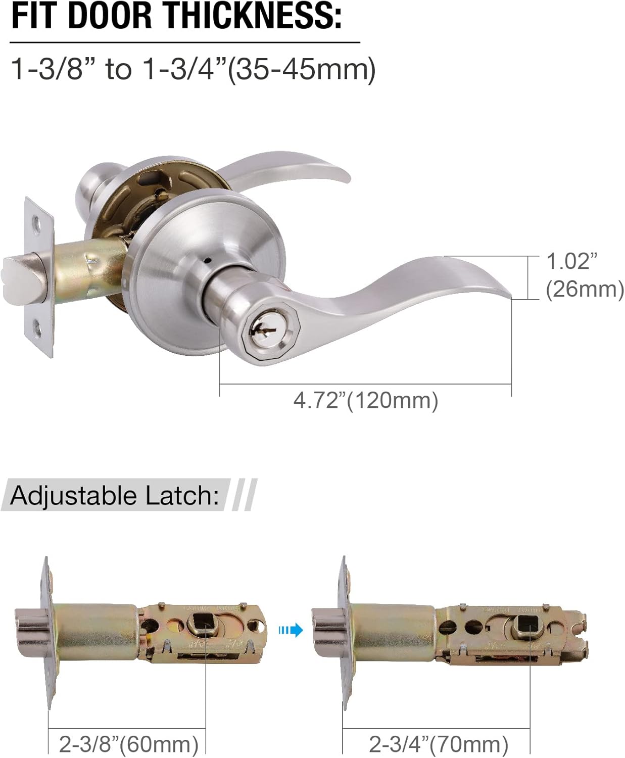 (2 Pack Door Levers Interior Keyed Difference Entry Front/Bedroom Door Handles for Left and Right Opened Door with Lock and Keys Set in Satin Nickel