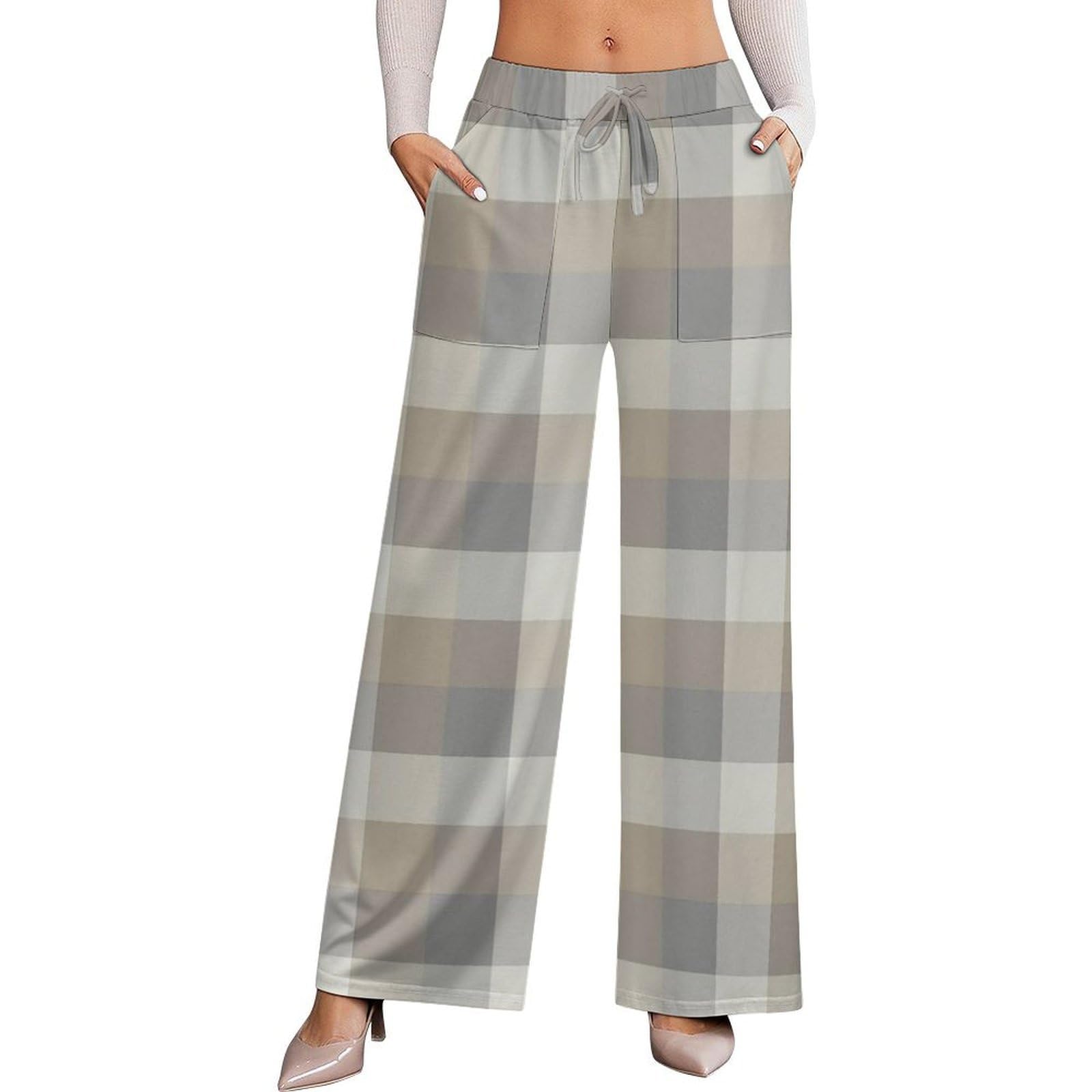 Dyale Tan Gray Ivory Neutral Rustic Plaid Womens Wide Leg Pants High Waisted Elastic Casual Sports Pants XS