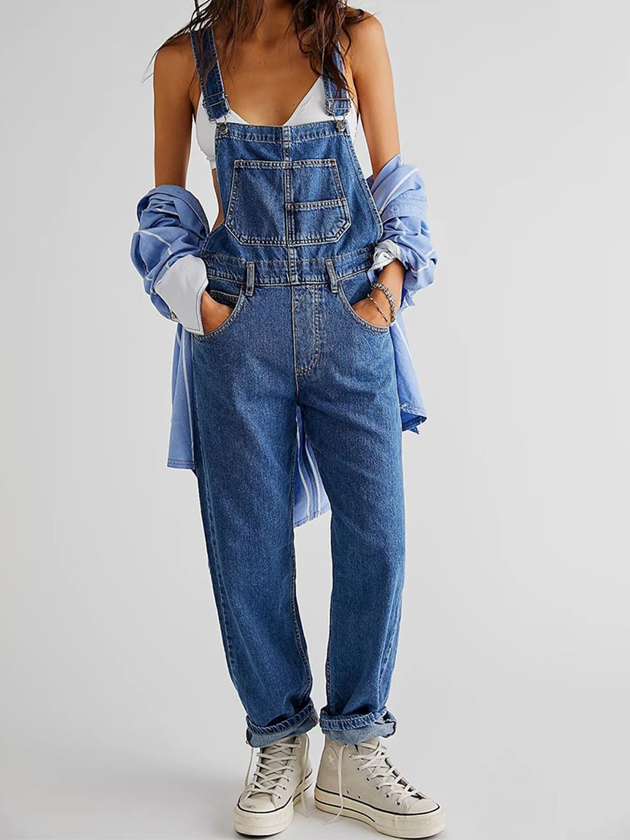 Salopette Jean Femme Large Combinaison sans Manches avec PochesJeans à Bretelles Salopettes en Denim Romper