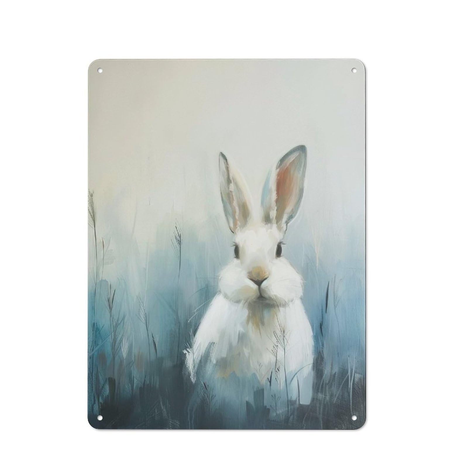 Junmoney White Rabbit In Blue Field Painting Vintage Metal Wall Sign 40X30cm For Café Or Restaurant, For Metal Sign Collectors, For Garage And Workshop Walls